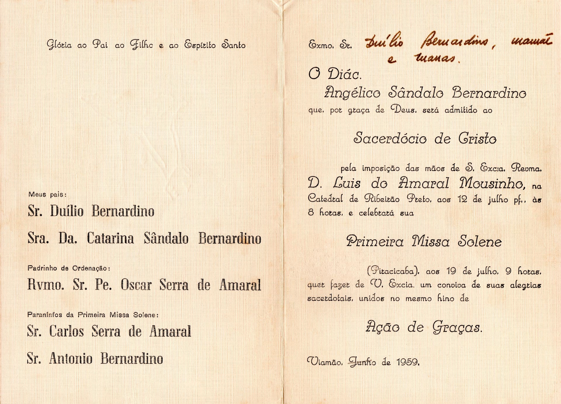 Convite para cerimônia de ordenação em 12 de julho de 1959