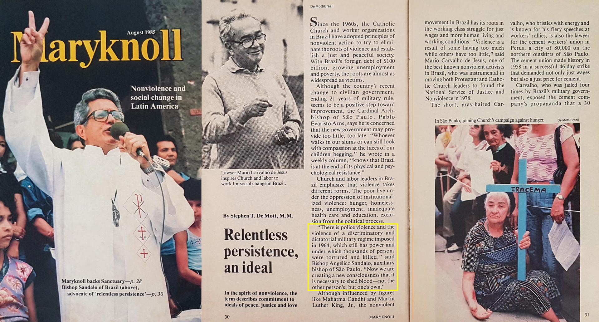 Dom Angélico na capa da revista dos Missionários Maryknoll - edição especial sobre não violência e mudança social na América Latina - 1985