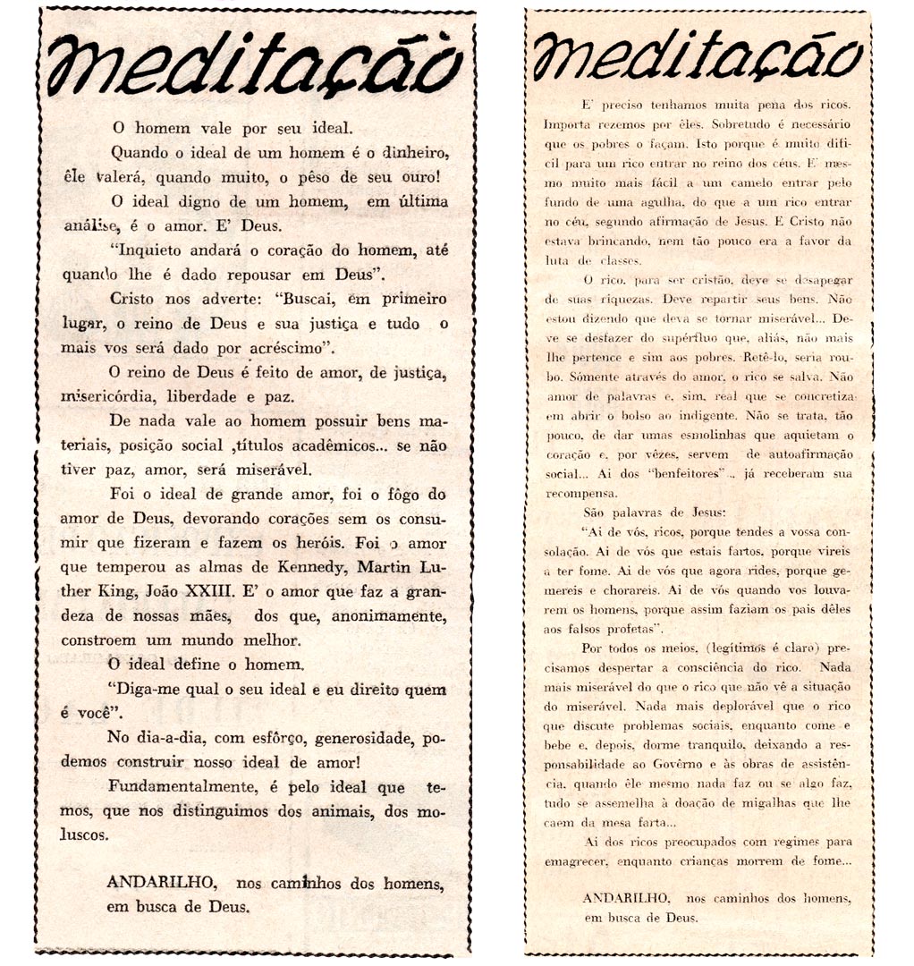 Coluna Meditação no jornal Diário de Notícias - Ribeirão Preto nos anos 1960