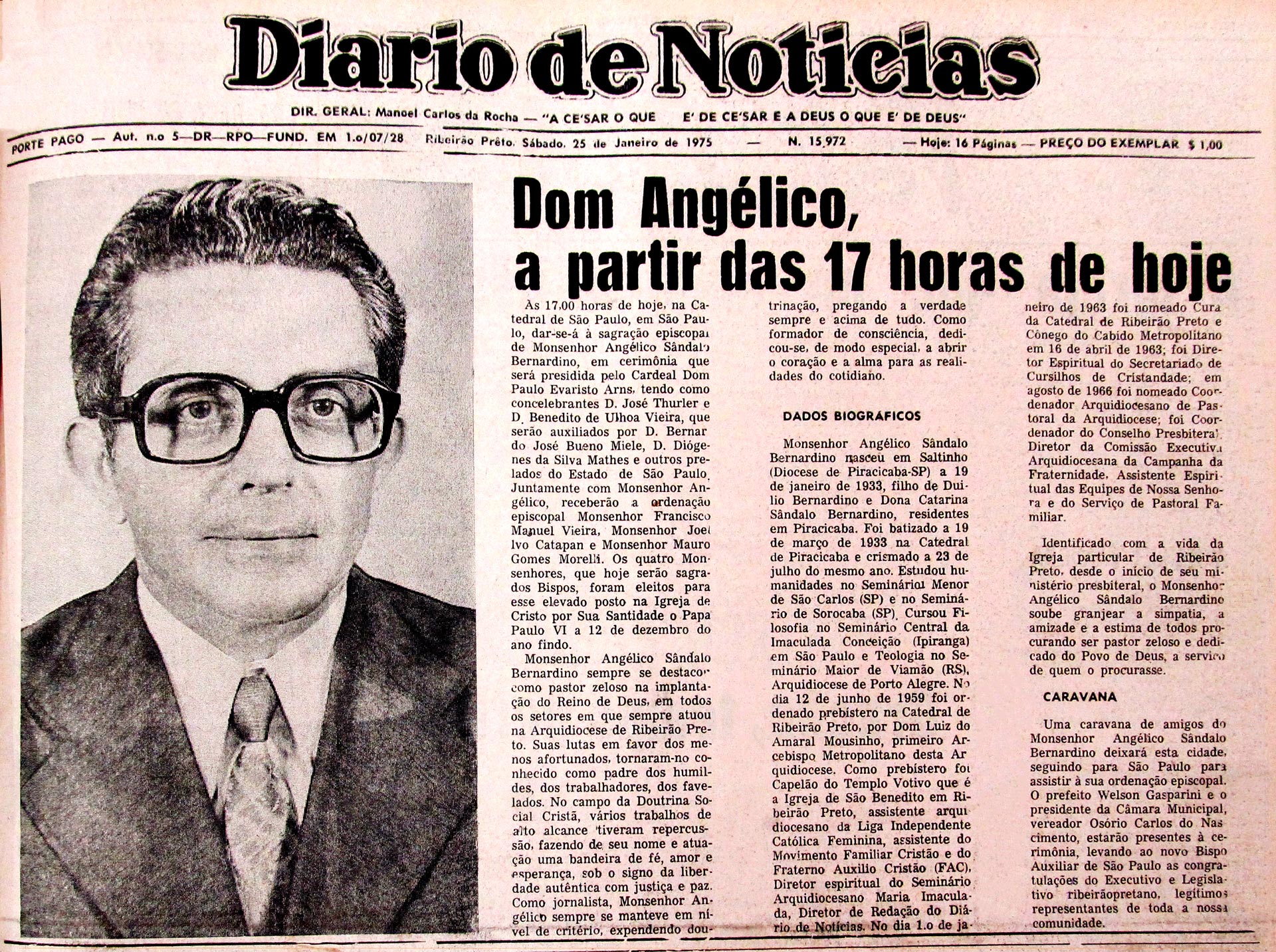 Sagração episcopal de Dom Angélico Sândalo Bernardino é noticiada no Diário de Notícias